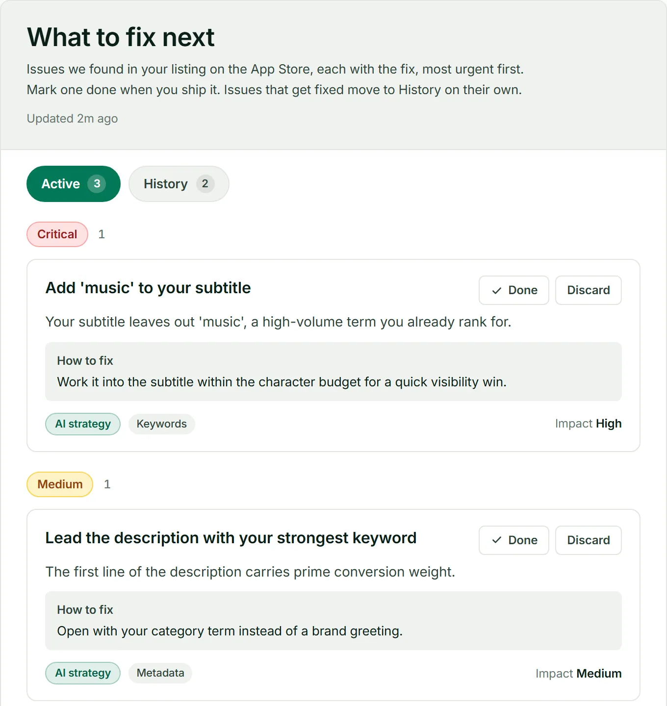 ASOScan ASO recommendations: issues found in the listing, most urgent first, each with how to fix it and its expected impact.