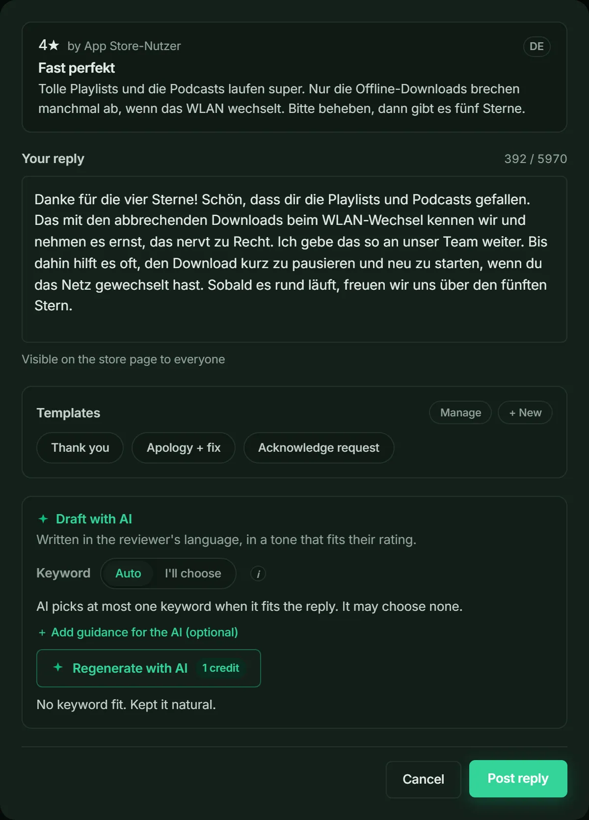 ASOScan reply composer: a German review, the AI draft in German, saved templates and the Post reply button.