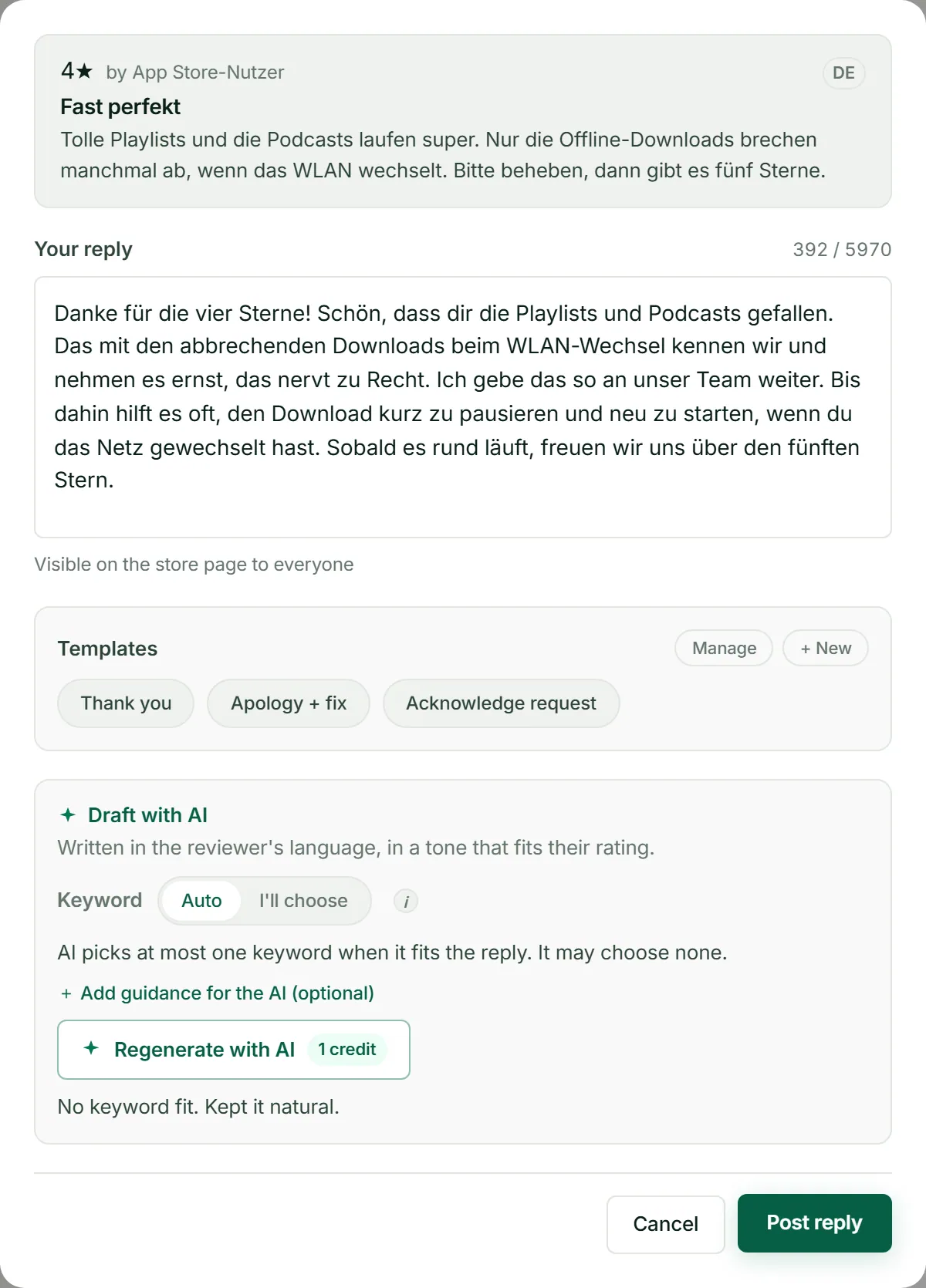 ASOScan reply composer: a German review, the AI draft in German, saved templates and the Post reply button.