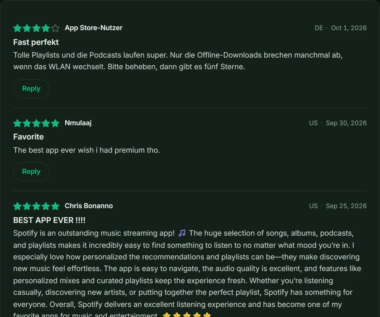 ASOScan review feed: each review with its rating, country and version, and a Reply button.