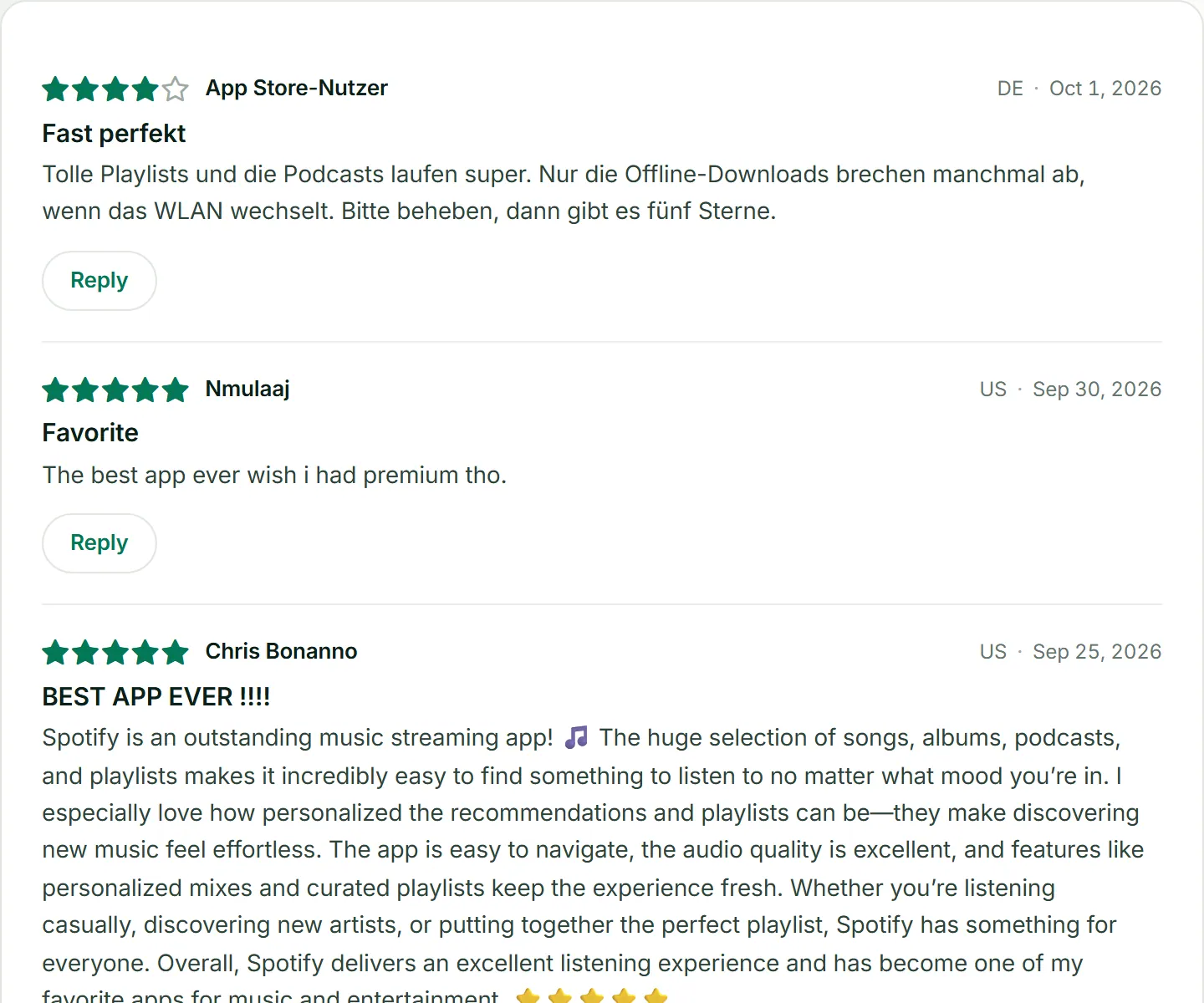 ASOScan review feed: each review with its rating, country and version, and a Reply button.