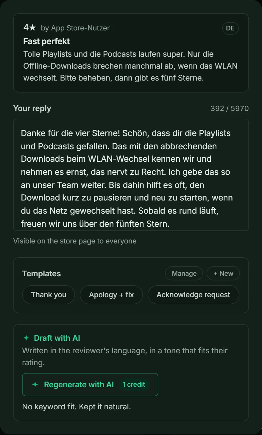 ASOScan reply composer: a German Spotify review about downloads that stop when the Wi-Fi changes, and the AI-drafted reply written in German.