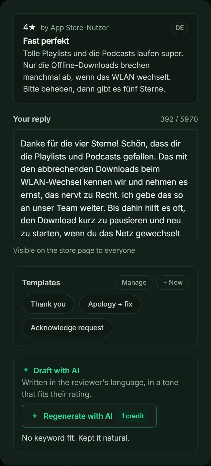 ASOScan reply composer: a German Spotify review about downloads that stop when the Wi-Fi changes, and the AI-drafted reply written in German.