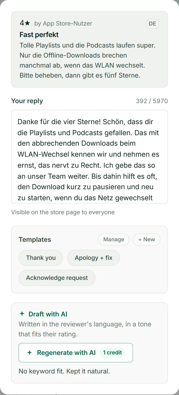 ASOScan reply composer: a German Spotify review about downloads that stop when the Wi-Fi changes, and the AI-drafted reply written in German.