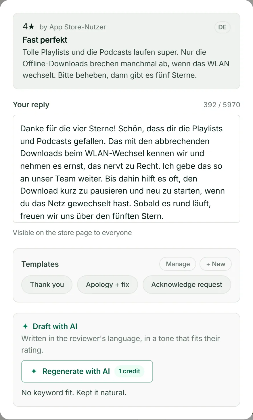 ASOScan reply composer: a German Spotify review about downloads that stop when the Wi-Fi changes, and the AI-drafted reply written in German.