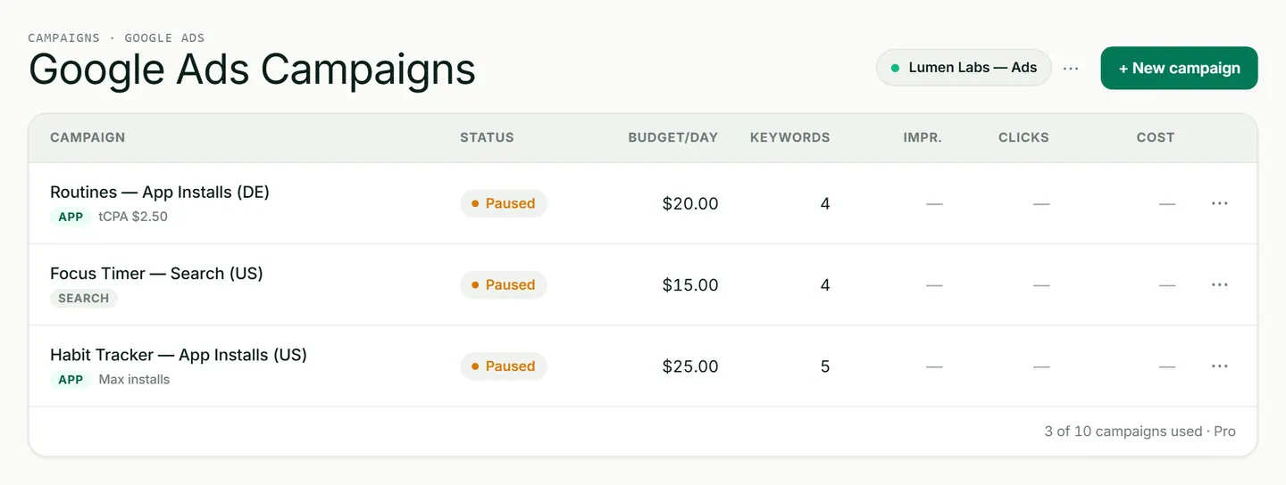 ASOScan Ad Campaigns: Google Ads app-install campaigns managed beside your ASO data
