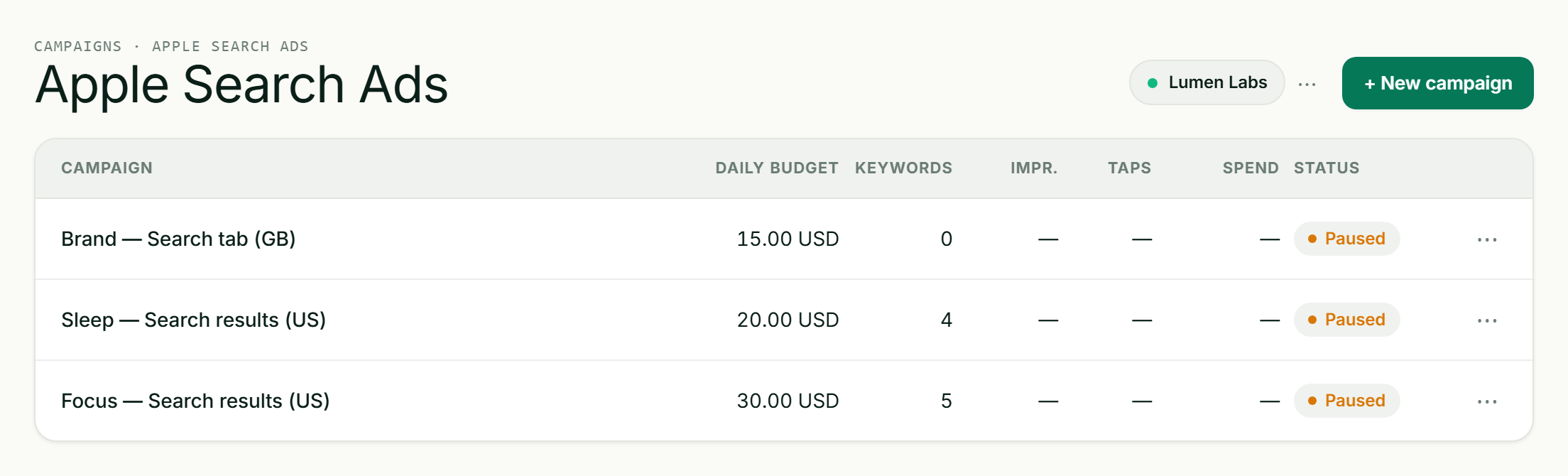 ASOScan Apple Search Ads — App Store search campaigns for an iOS app, managed beside your ASO data