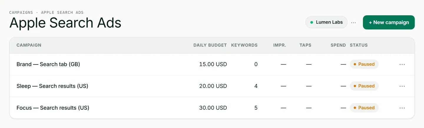 ASOScan Apple Search Ads: App Store search campaigns for an iOS app, managed beside your ASO data
