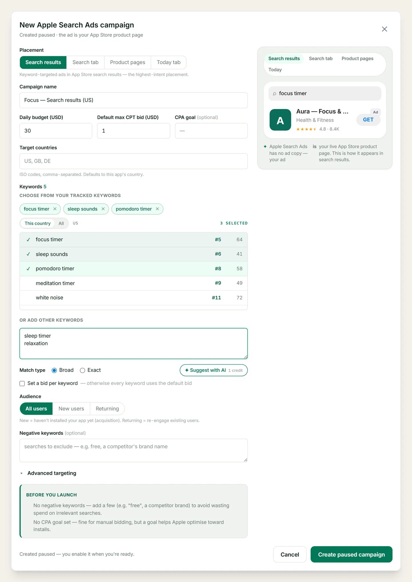 ASOScan Apple Search Ads campaign builder: keyword suggestions, placement and a live App Store ad preview