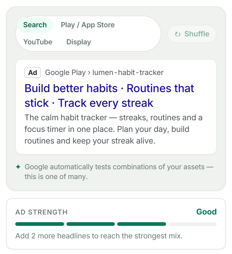 Live Google Search ad preview with Shuffle and the Ad Strength meter