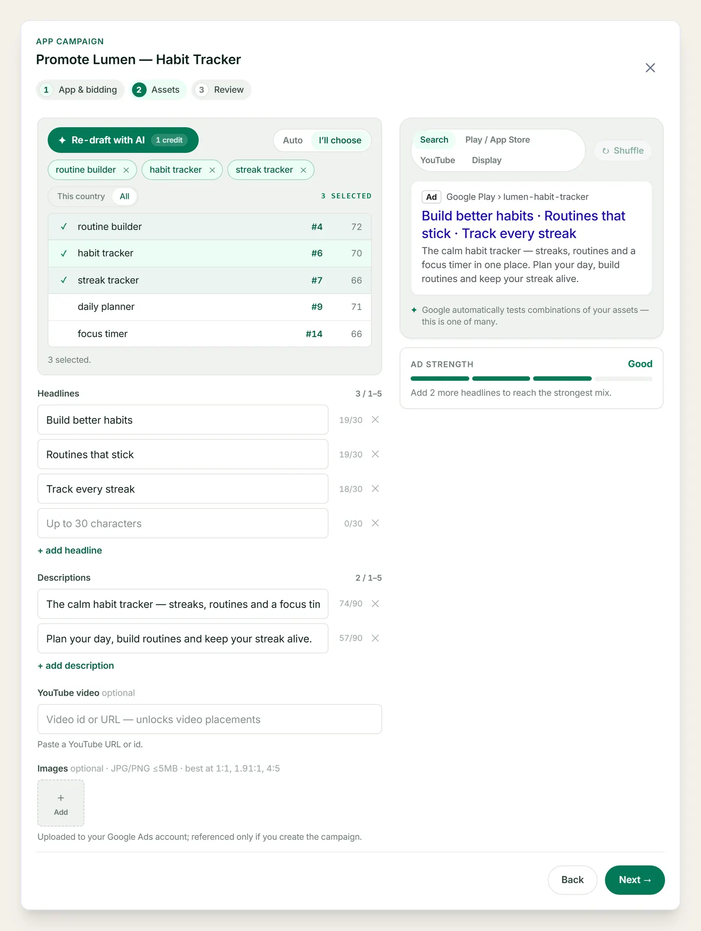 ASOScan Google Ads campaign builder: choosing keywords from your tracked terms to build an app-install campaign