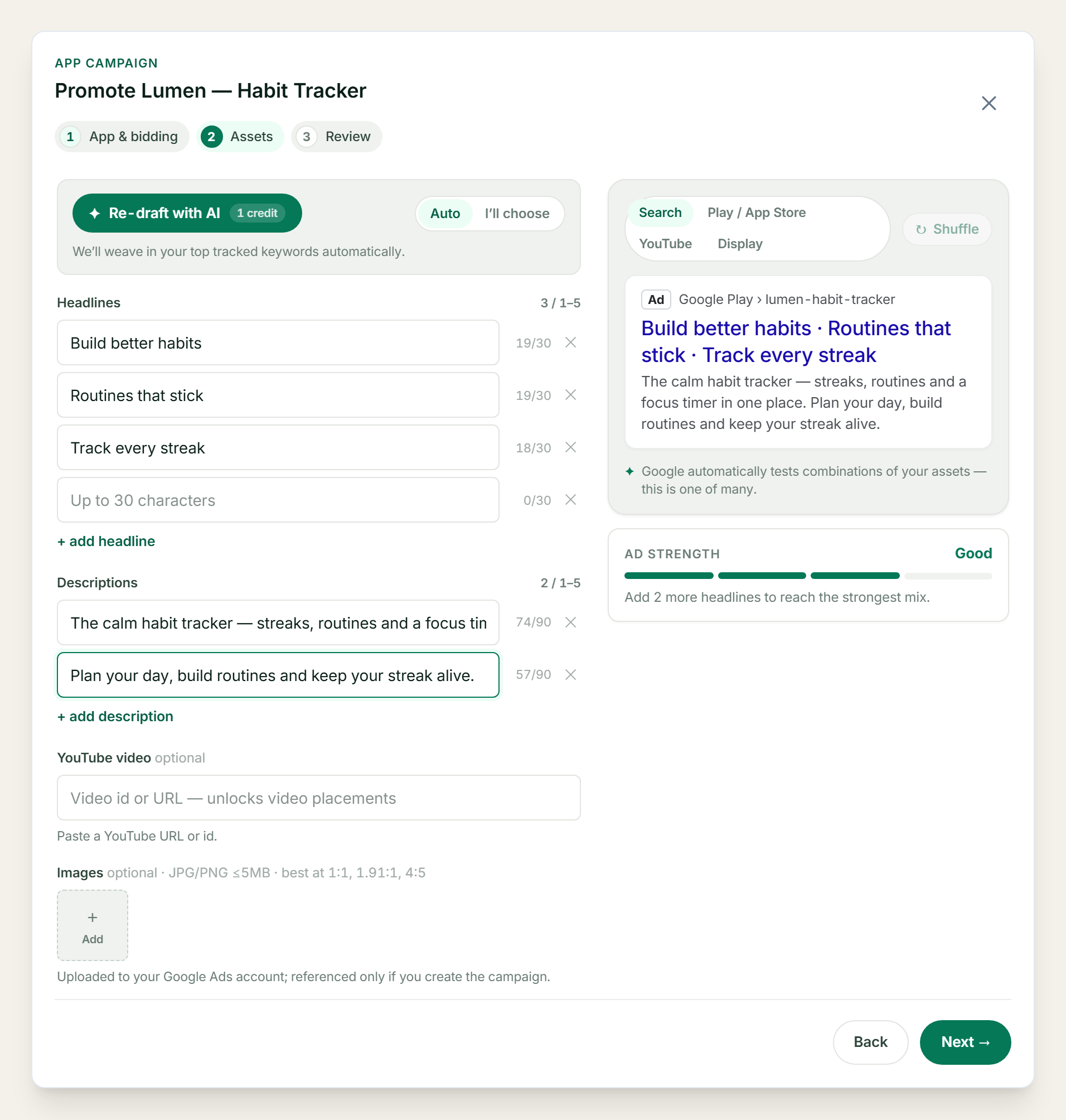 ASOScan campaign builder with guided steps and a live ad preview