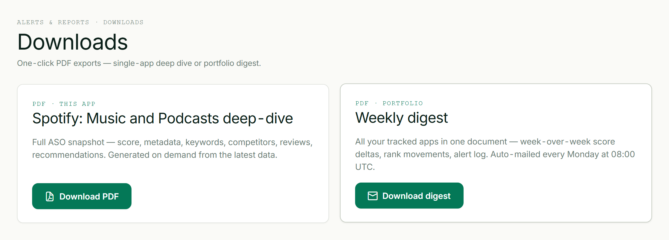 ASOScan downloads — PDF report and weekly digest