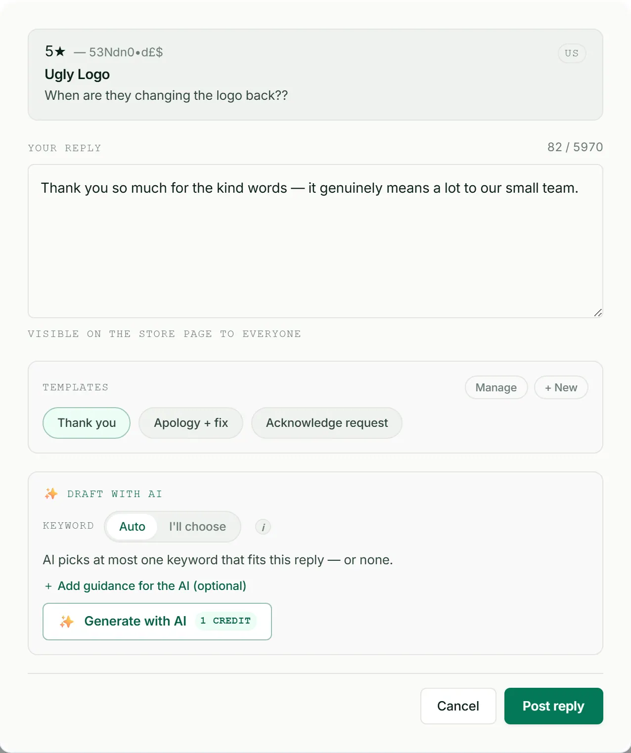 ASOScan AI review reply composer
